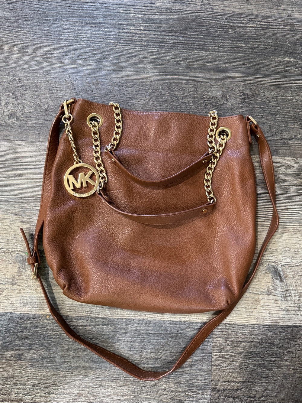 Michael Kors Chestnut Pebbled Leather Shoulder Bag with Gold MK Charm